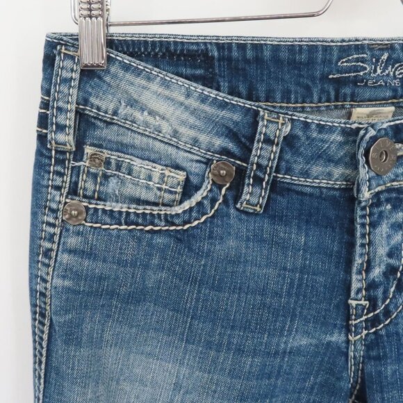 Silver Jeans Women 5 Twisted Bootcut Distressed Denim Solid Blue White Seams - Picture 3 of 15